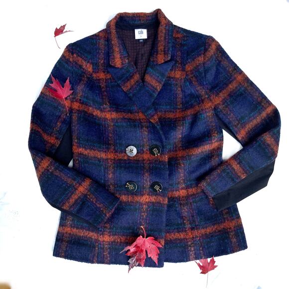 Cabi Plaid City Coat in Navy & Rust | Double-Breasted Fall Statement Jacket Edit - Picture 3 of 16